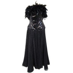 MIGNON Blk Feather, Sequin & Lace Overlay Strapless Gown