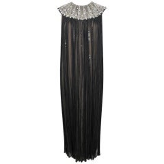 ELIS PORTER Jeweled Neckline Shear Blk Pleated Over Nude Dress