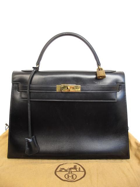 Hermes 1983 Black Box Calf Leather Kelly 32cm Bag For Sale 7