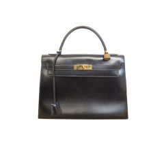Retro Hermes 1983 Black Box Calf Leather Kelly 32cm Bag