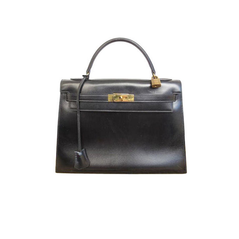 Hermes 1983 Black Box Calf Leather Kelly 32cm Bag For Sale