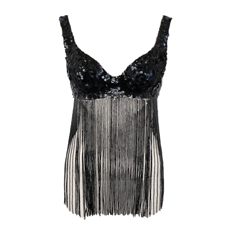 KATHERINE HAMNETT Black Sequins & Beaded Fringe Top For Sale