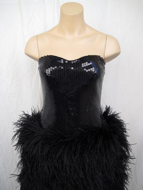 Women's LILLIE RUBIN Blk Sequin & Marabou Feather Strapless Dress For Sale