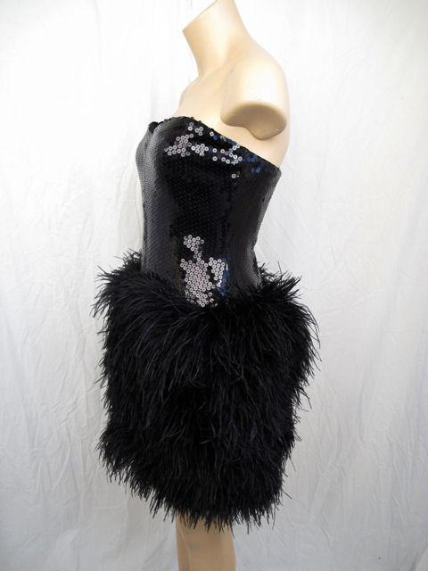 LILLIE RUBIN Blk Sequin & Marabou Feather Strapless Dress For Sale 2