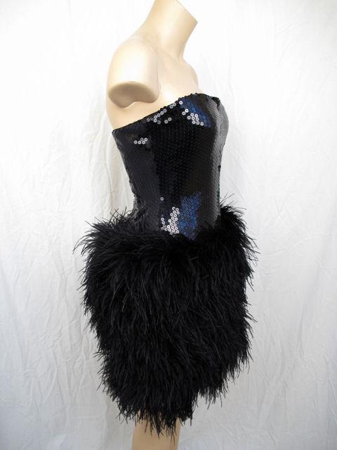 LILLIE RUBIN Blk Sequin & Marabou Feather Strapless Dress For Sale 3