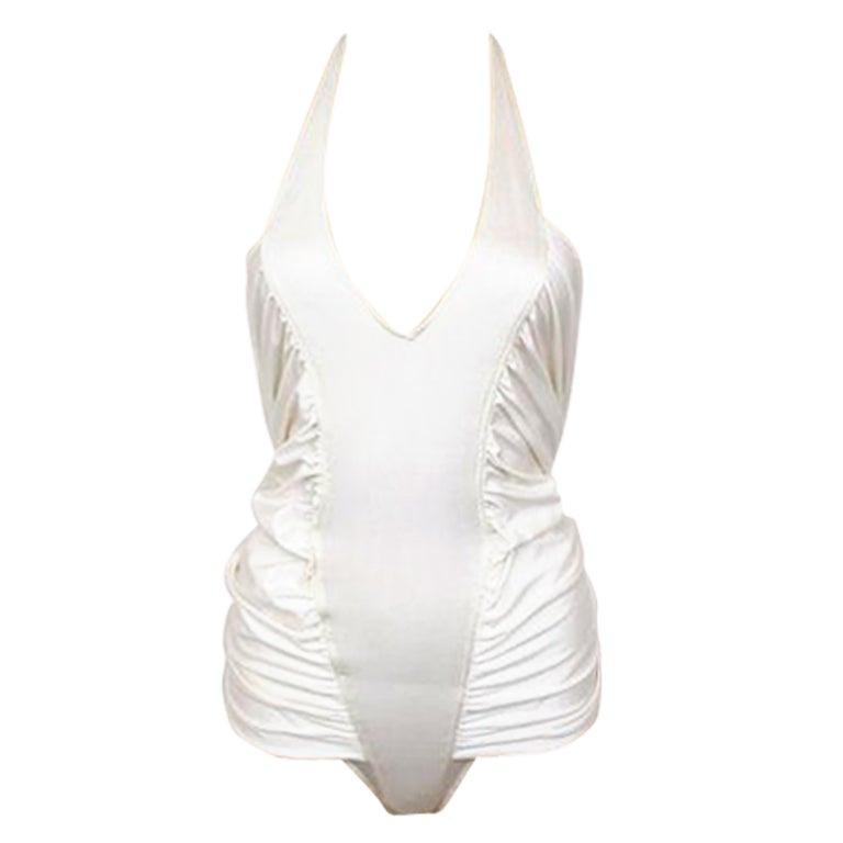 GIANNI VERSACE Ivory Ruched Halter Bodysuit Bathing Suit For Sale