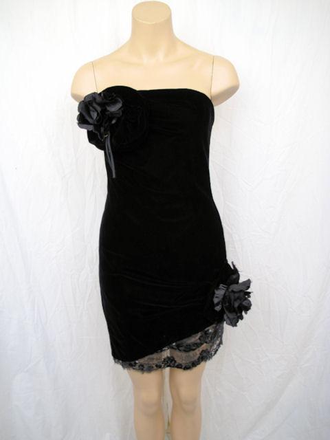 VICTOR COSTA Blk Velvet & Lace Ruched  Strapless Mini Dress