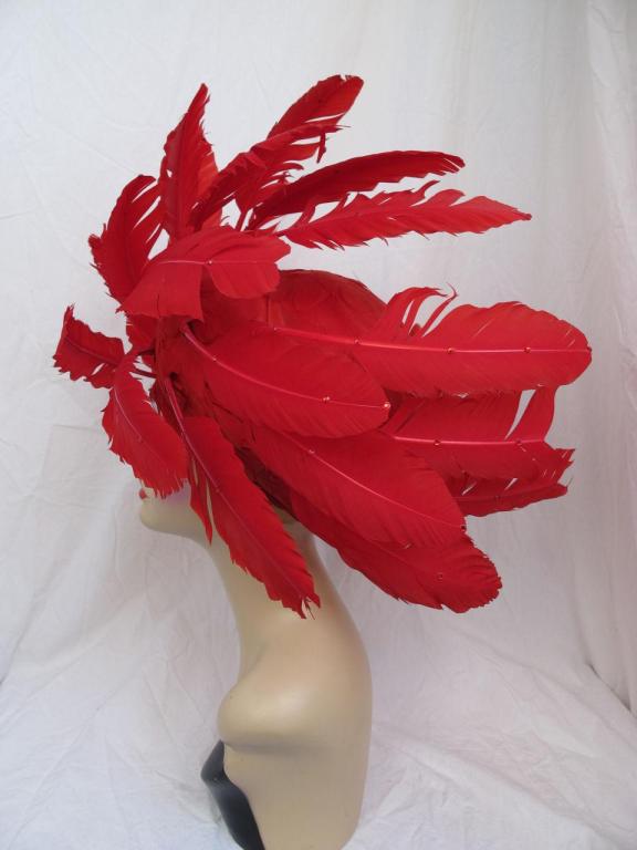 Women's GEORGE ZAMAUL Couture  Red Feather Hat For Sale