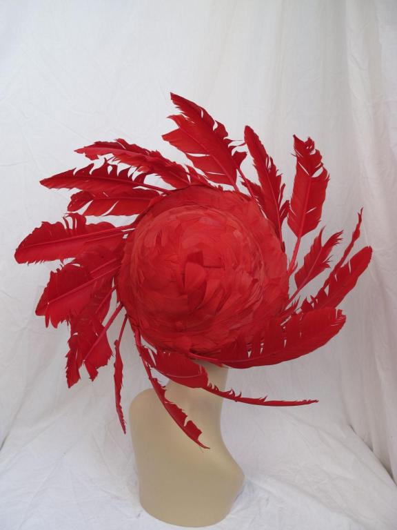 GEORGE ZAMAUL Couture  Red Feather Hat For Sale 1