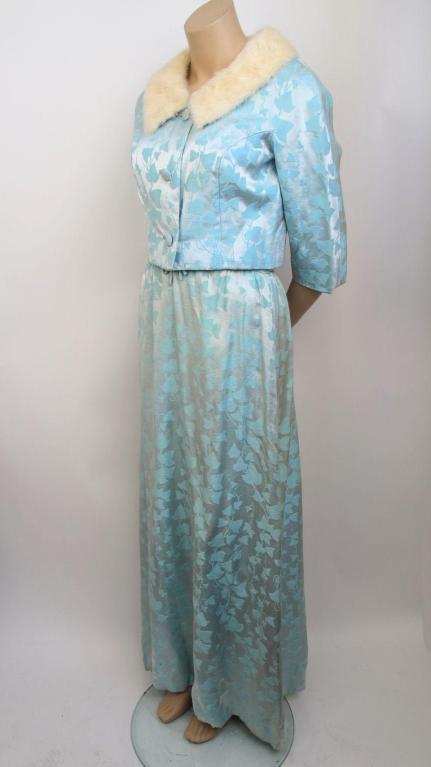 MALCOLM STARR 2pc Teal Leaf Design & Mink Trim Dress Ensemble