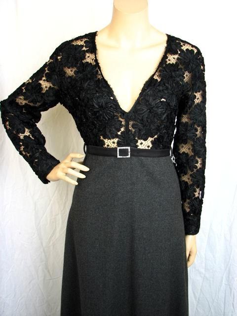 Galanos Black See-Thru Ribbon Lace Bodice & Gray Dress