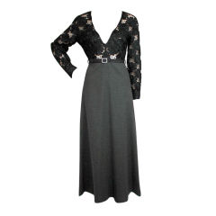 Galanos Black See-Thru Ribbon Lace Bodice & Gray Dress