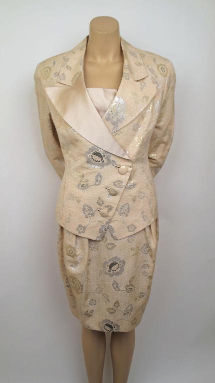 LANVIN  2pc Coral Floral Strapless Dress & Jacket Ensemble