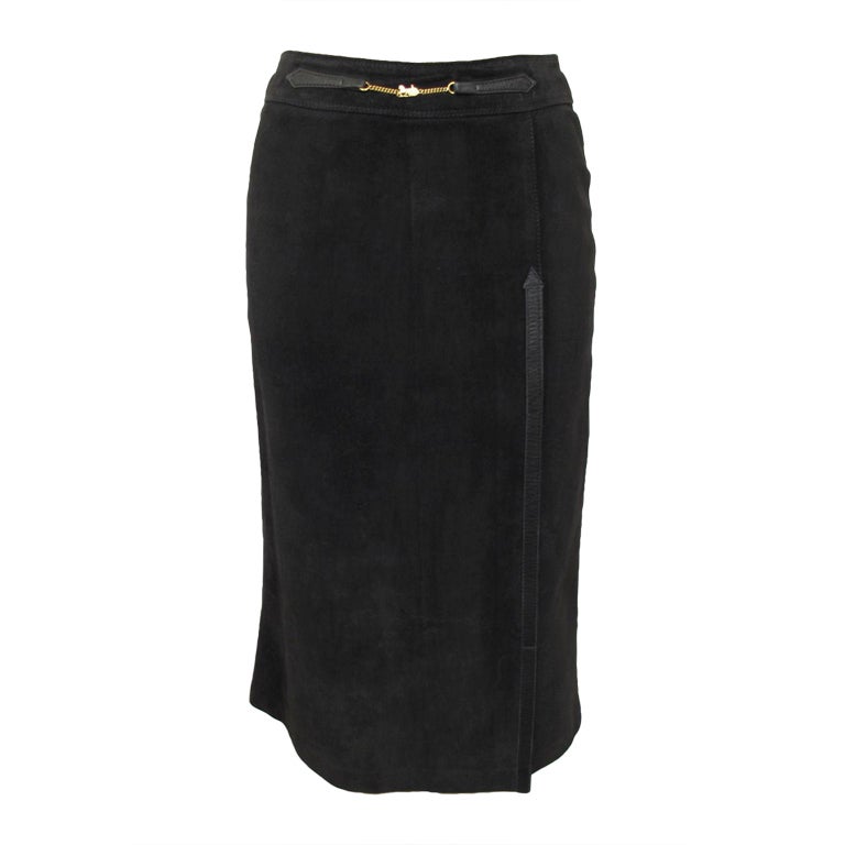 CELINE Blk Suede and Leather Logo Skirt For Sale at 1stDibs