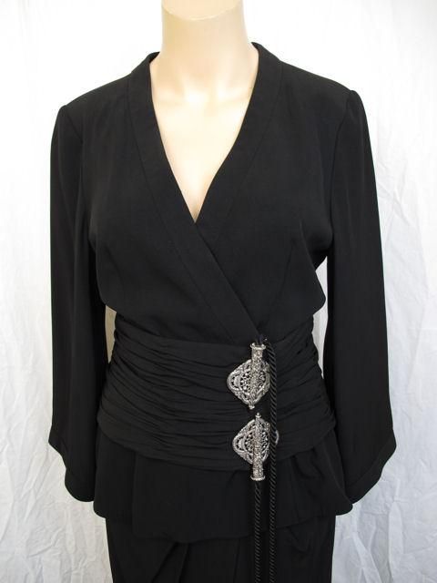 * This outfit is amazing with an unique attached ruched belt design.
* The kimono styled jacket has a keyhole opening in the back & bell sleeves.
* The faux wrap skirt has a split up the front & closes with a zipper in the