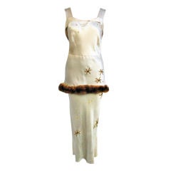 Hattie Carnegie Tan Silk & Mink Trimmed & Beaded Gown