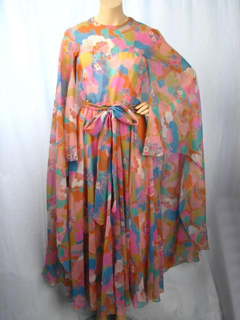 Malcolm Starr Floral Bat-Wing Cape Detail Dress For Sale 7