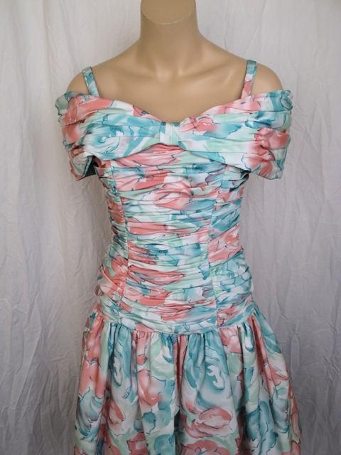 1980 Victor Costa Pink/Grn Ruched Puff Dress