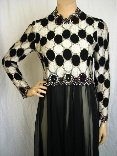 Zandra Rhodes Blk & Ivory Circle & Jeweled Bodice Dress