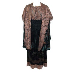 Vintage Hanna Hartnell 2pc Grn Stencil Velvet Dress Ensemble