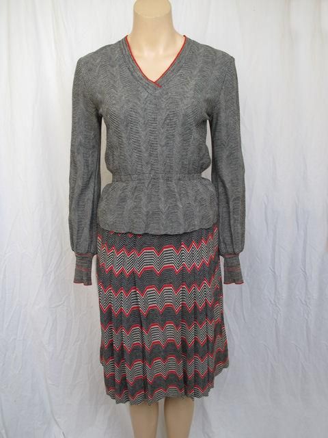 Missoni 2pc Black/Red/White Herringbone Pleated Knit Skirtset