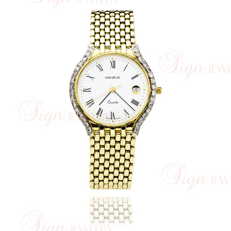 A classic and authentic timepiece from Geneva in 14k polished yellow gold. The 9-row Panther link bracelet has a fold-over clasp and the stunning round crown is pave-set with approximate 1.00 carats of natural round diamonds. The white dial has