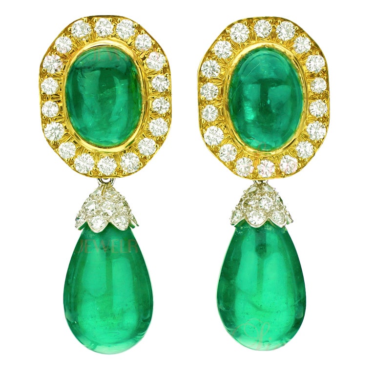 DAVID WEBB Diamond Emerald ClipOn Drop Earrings at 1stdibs