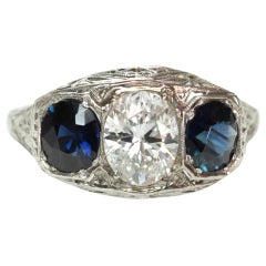 1920's Filigree Blue Sapphire Diamond Platinum Ring