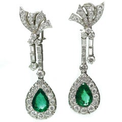 Retro Hand-Made Pear Emerald Diamond Drop Earrings 6