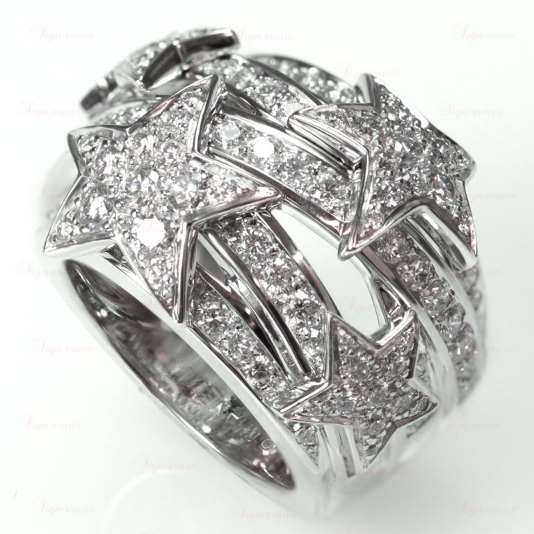 CHANEL Comet Diamond Stars White Gold Dome Ring In Excellent Condition In New York, NY