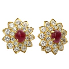 Van Cleef & Arpels Ruby Diamond Gold Flower Clip-On Earrings
