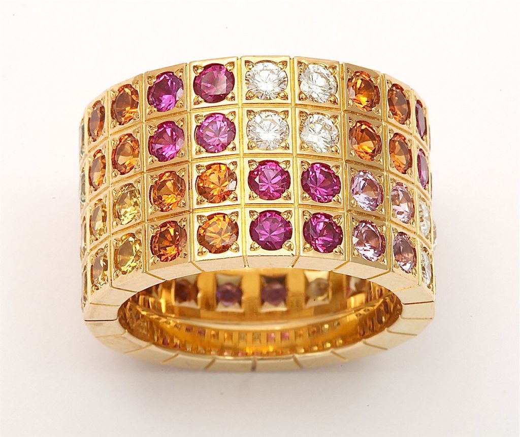 CARTIER Lanier Multicolor Sapphire Diamond Gold Ring, Sz. 52 In Excellent Condition In New York, NY