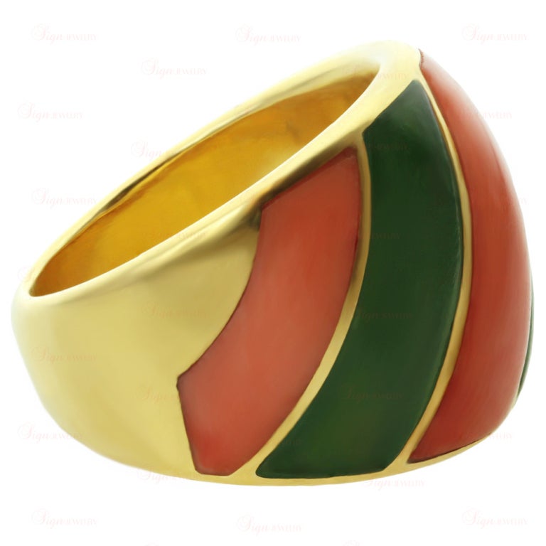 CARTIER Coral Jadeite Striped Yellow Gold Band Ring 1