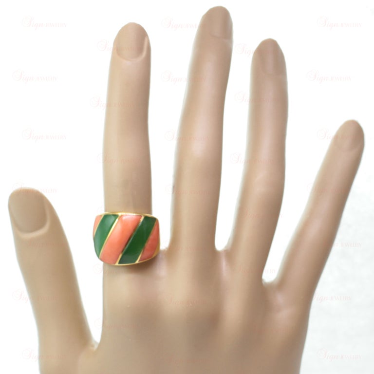 CARTIER Coral Jadeite Striped Yellow Gold Band Ring 2