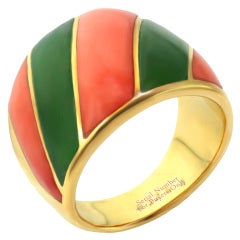 Vintage CARTIER Coral Jadeite Striped Yellow Gold Band Ring