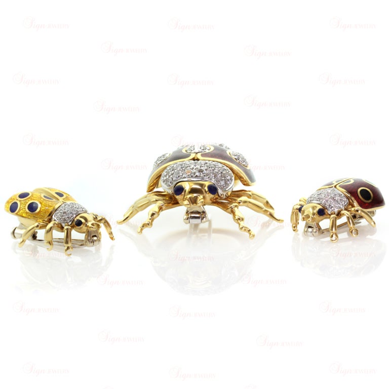 Tiffany & Co. Three Enamel Diamond Gold Platinum Ladybug Brooches In Excellent Condition In New York, NY