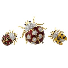 Tiffany & Co. Three Enamel Diamond Gold Platinum Ladybug Brooches