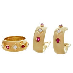 CARTIER Ruby Diamond Yellow Gold Ring & Earrings 2