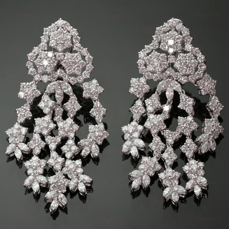 These magnificent chandelier earrings are made in 18k white gold and feature an elegant floral motif set with 266 brilliant-cut round diamonds and 36 marquise-cut diamonds. Simply stunning.
Dimensions: 25mm (1