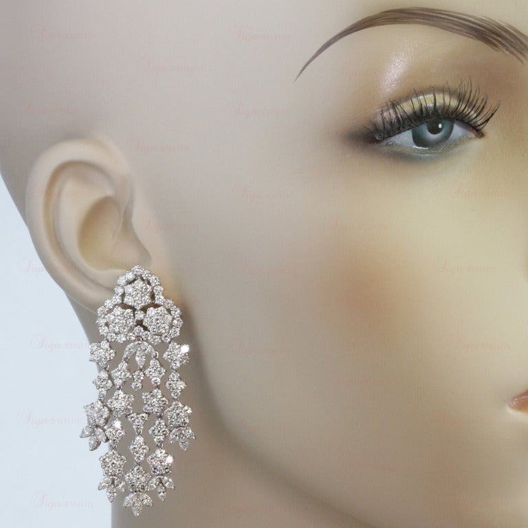 Floral Diamond White Gold Chandelier Earrings In Excellent Condition In New York, NY