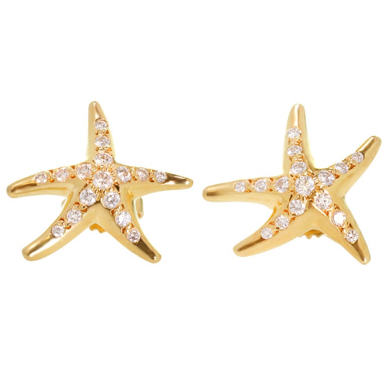 TIFFANY and CO. Elsa Peretti Diamond Gold Starfish Earrings at 1stdibs