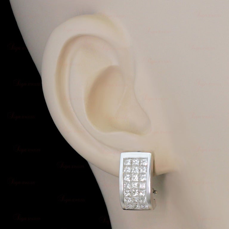 Women's Invisible-Set Princess-Cut Diamond White Gold Earrings