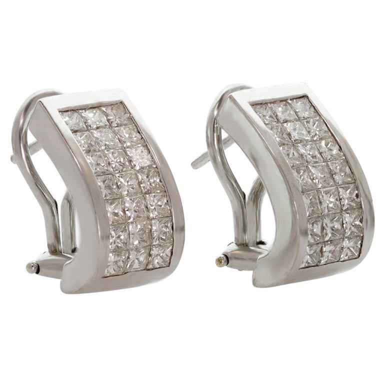 Invisible-Set Princess-Cut Diamond White Gold Earrings