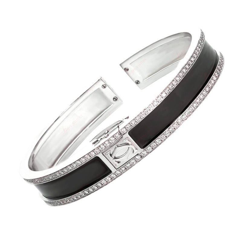 CARTIER Diamond Black Lacquer White Gold Open Bangle Bracelet