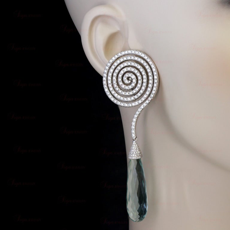 Women's ADLER Diamond Aquamarine White Gold Dangling Spiral Earrings