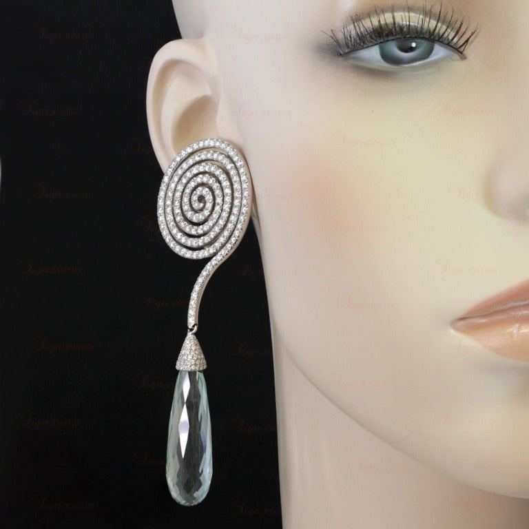 ADLER Diamond Aquamarine White Gold Dangling Spiral Earrings 1