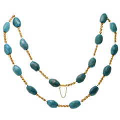 Pressed Turquoise Yellow Gold Long Link Necklace