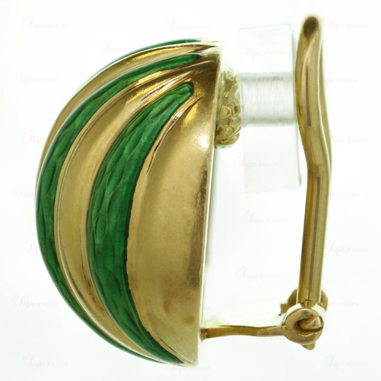 Women's Tiffany & Co. Striped Green Enamel Yellow Gold Clip-On Earrings For Sale