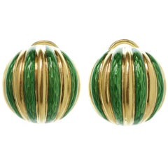 Tiffany & Co. Striped Green Enamel Yellow Gold Clip-On Earrings
