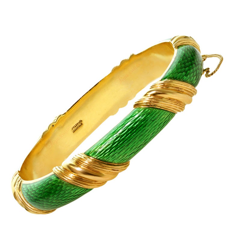 Tiffany & Co. Green Enamel Yellow Gold Striped Bangle Bracelet